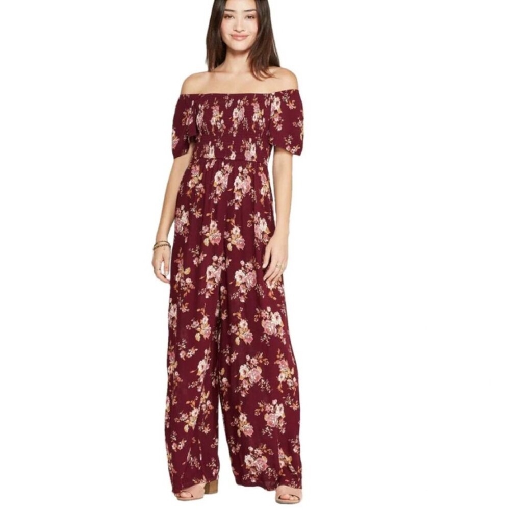 Xhilaration Off Shoulder Smocked Jumpsuit, Floral Maroon, XL, EUC